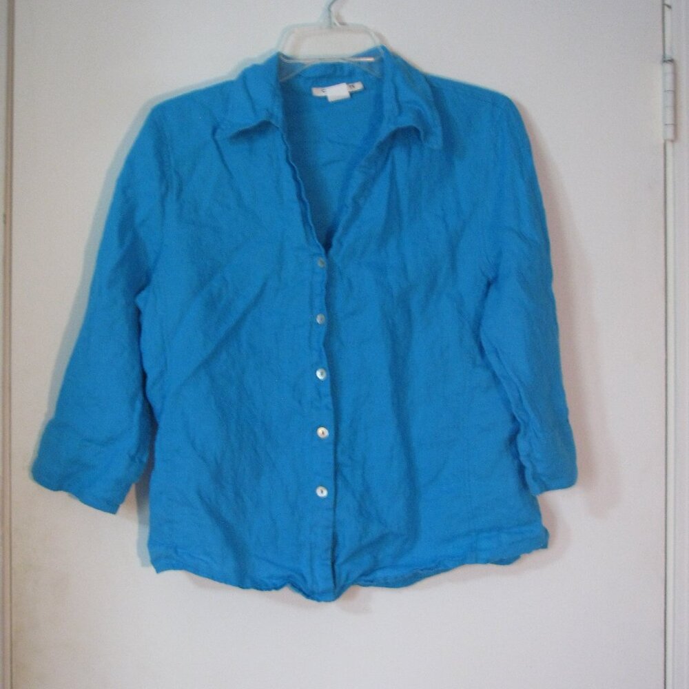 * David N. Button Up Shirt Large Blue 3/4 Sleeves Linen Blend ? EUC